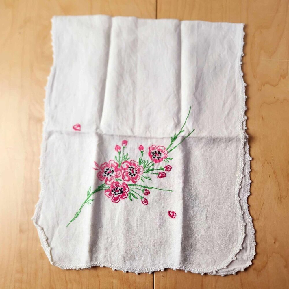 Vintage Hand Embroidered Pink Floral Dresser Scarf Table Runner Cottagecore